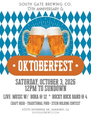 Join us for Oktoberfest on Saturday, October 3, 2026, 12pm to Sundown.
